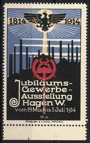 Reklamemarke Hagen, Jubiläums-Gewerbe-Ausstellung 1814-1914, Adler und Industrieanlagen