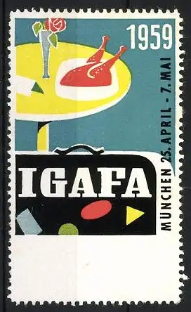 Reklamemarke München, IGAFA Ausstellung 1959, Koffer und Tisch mit Essen