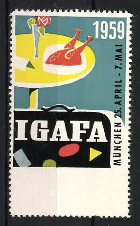 Reklamemarke München, IGAFA Ausstellung 1959, Tisch mit Hähnchenkeule und Koffer