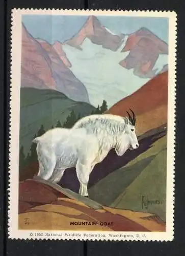 Reklamemarke Washington, National Wildlife Federation, Mountain Goat, Bergziege vor schneebedeckten Gipfeln, 1952