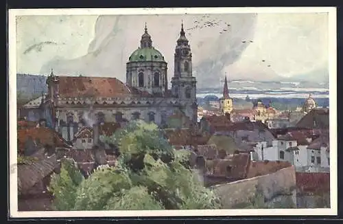 Künstler-AK Jaroslav Setelik: Prague, L`Eglise St. Nikolas prise du Jardin Schönborn