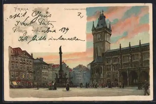 Lithographie Prag / Praha, Altstädter Ring, Staromestské námestí, Mariensäule