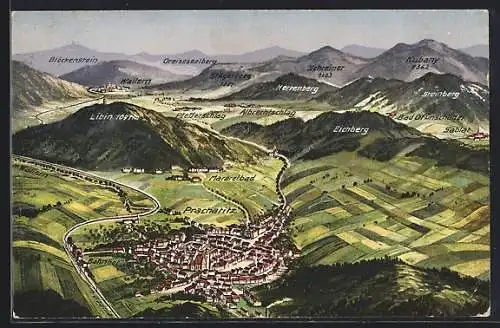 AK Prachatitz, Panorama mit Pfefferschlag, Albrechtschlag und Eichberg