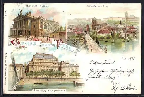 Lithographie Prag / Praha, Kleinseite, Böhmisches Nationaltheater, Deutsches Theater