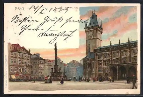 Lithographie Prag / Praha, Altstädter Ring, Staromestské námestí, Mariensäule