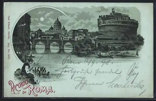 Mondschein-Lithographie Roma, Partie mit Brücke bei Nacht