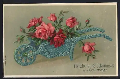 Präge-AK Karren aus Vergissmeinnicht mit Rosen, Geburtstagsgruss