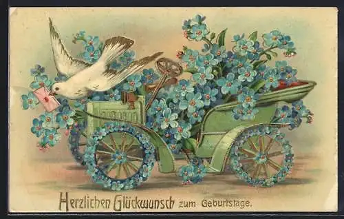 AK Auto mit Vergissmeinnicht und weisser Brieftaube, Geburtstagsgruss