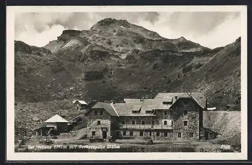 AK Seekarhaus, mit Seekarspitze, Leute und Auto vor dem Haus