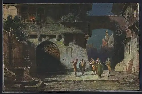 Künstler-AK Carl Spitzweg: Serenade, Strassen-Ständchen in einer Stadt