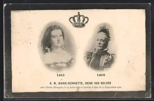 AK Königin Marie-Henriette von Belgien, Jugend- u. Altersportrait, Trauerkarte 1902