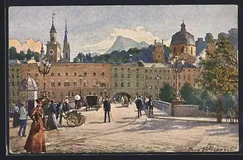 Künstler-AK Hans Götzinger: Salzburg, Stadtbrücke mit Untersberg