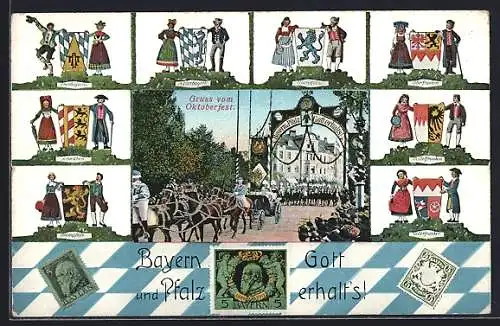 AK München, Oktoberfest, Festtor, Wappen Oberbayern, Niederbayern, Oberpfalz und Schwaben