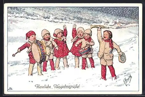 Künstler-AK Karl Feiertag: Musizierende Kinder bei Schneefall, Neujahrsgruss