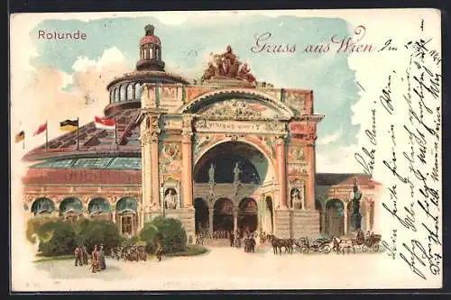 Lithographie Wien, Rotunde, davor Fussgänger und Kutschen