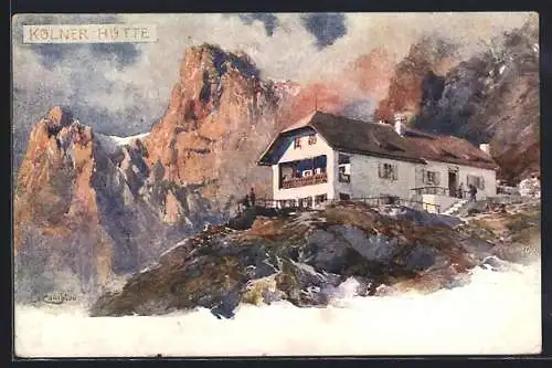 Künstler-AK Edward Theodore Compton: Kölner-Hütte, Ausblick auf das Berghaus gegen Gebirgsmassiv