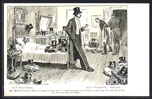 Künstler-AK Charles Dana Gibson: Herren im Frack mit Zylinder ziehen sich an, überall liegen Zylinder im Zimmer