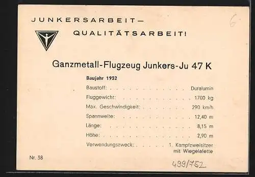 AK Flugzeug Junkers-Ju 47 K