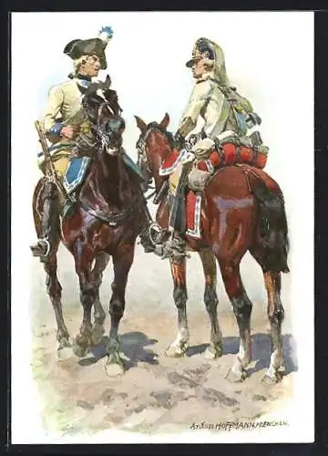 Künstler-AK Anton Hoffmann - München: Hist. Uniformen des bayer. 2. Chevauleger-Reg. Taxis, Cuirassier und Dragoner