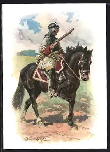 Künstler-AK Anton Hoffmann - München: Uniformen des Bayer. 2. Chevauleger-Regiments Taxis, Cuirassier 1691-1706