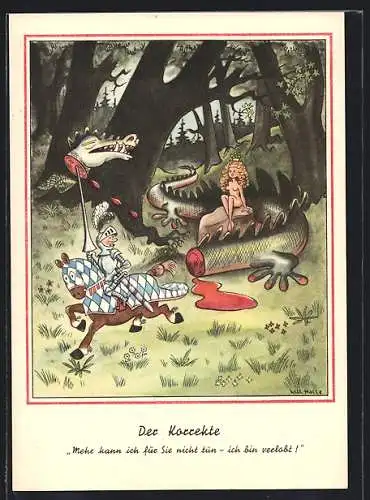 Künstler-AK Will Halle: Der Korrekte, Mehr kann ich für sie nicht tun..., Drachentöter, Scherz