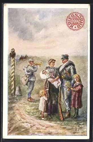 AK österreichischer Soldat mit Familie, Kriegsjahr 1914