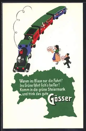 AK Steiermark-Austria, Brauerei-Werbung Gösser Brauerei A. G., Dame u. Herr mit Bierkrügen gehen auf Eisenbahn zu