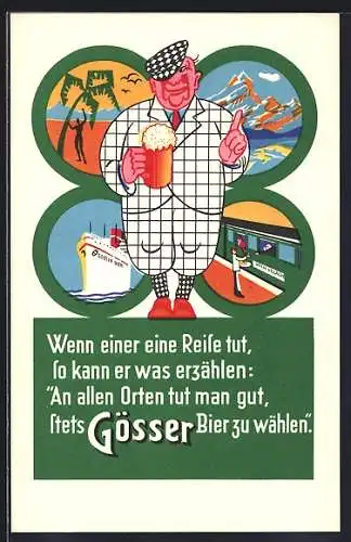 Künstler-AK Reisender mit Bierkrug hinter Urlaubsbildern - Brauerei-Werbung Gösser