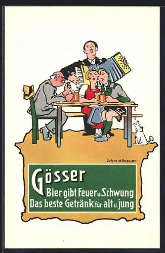 AK Reklame Gösser Brauerei A.G.: Bier gibt Feuer u. Schwung...