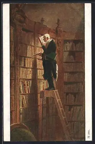 Künstler-AK Carl Spitzweg: der Bücherwurm, Mann auf einer Leiter liest Bücher, Bibliothek