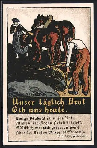 Künstler-AK Zürich, Kriegsnotunterstützung, Unser täglich Brot gib uns heute., Bauer mit Pferdepflug, Gedicht