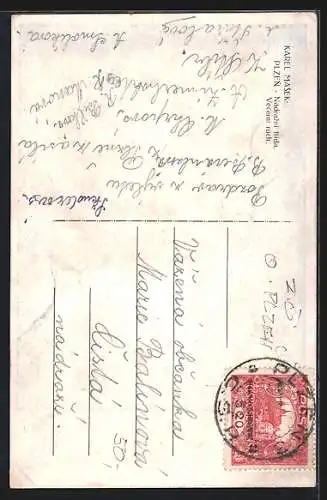 Künstler-AK Plzen, Nádrazni trida, Vecerni ruch