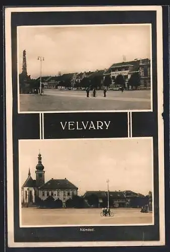 AK Velvary, Ortspartie mit Kirche, Häusern, Säule und Laterne