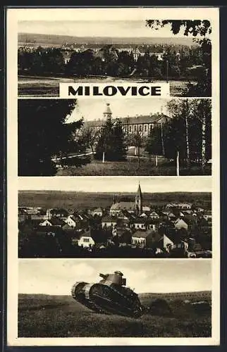 AK Milowitz / Milovice, Panorama, Schloss, leichter Panzer auf dem Gefechtsacker