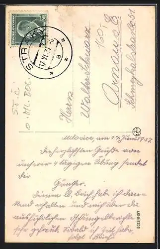 AK Milowitz / Milovice, Panorama, Schloss, leichter Panzer auf dem Gefechtsacker