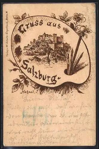 Lithographie Salzburg, Festung in Farbpalette, Passepartout