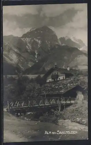 Foto-AK Alm bei Saalfelden, Brücke, Gebirgszug