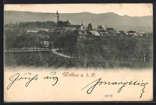 AK Wallsee a. d. D., Gesamtansicht mit Feld, Landstrasse u. Bergpanorama