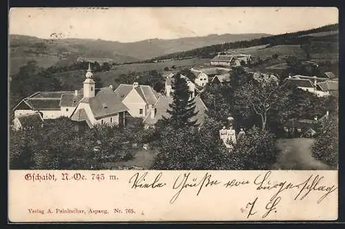 AK Gschaidt, Ortsansicht mit Fernblick aus der Vogelschau