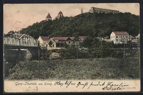 AK Gars-Thunau am Kamp, Teilansicht mit Brücke und Ruine