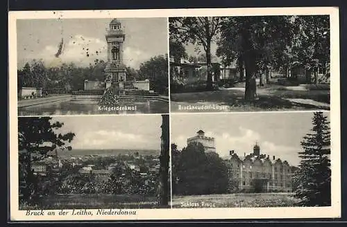 AK Bruck a.d. Leitha, Schloss Prugg, Kriegerdenkmal und Ortsansicht