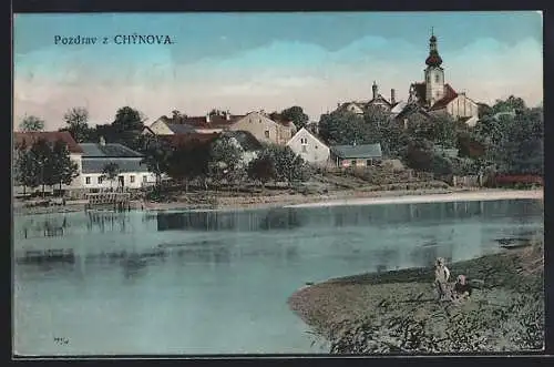 AK Chýnov, Blick über den Fluss zum Ort