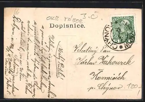 AK Chynov, Teilansicht mit Viadukt