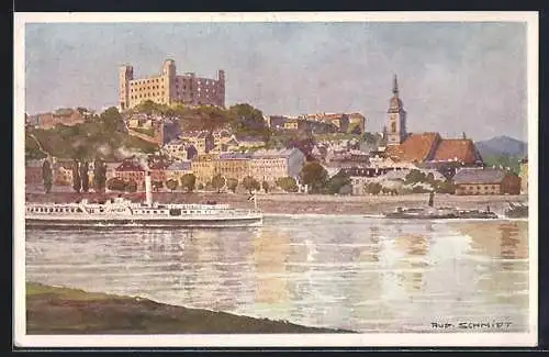 Künstler-AK Rud. Schmidt: Pozsony, Ortsansicht mit Donau, Dampfer