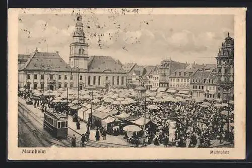 AK Mannheim, Markttag auf dem Marktplatz, Strassenbahn