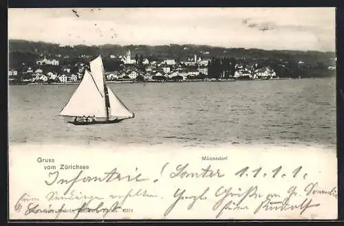 AK Männedorf /Zürichsee, Teilansicht mit Segelboot