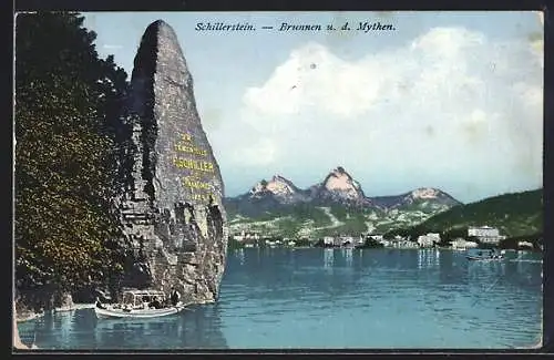 AK Brunnen, Schillerstein mit Teilansicht und den Mythen