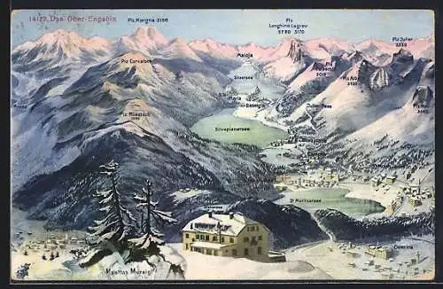 AK Muottas Muraigl /Ober-Engadin, Gasthaus im Schnee mit Silvaplanersee, Maloja und Piz Margna