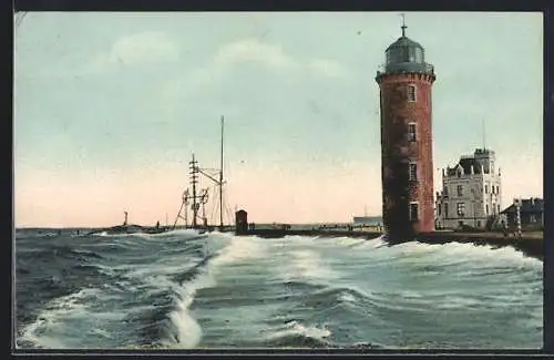 AK Cuxhaven, Leuchtturm, Telegrafen-Gebäude und Semaphor bei Sturmflut