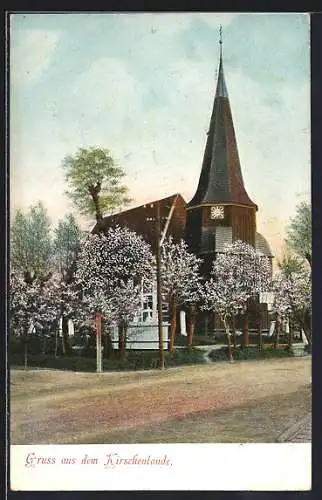 AK Altenlande / Kirschenlande, Kirche und blühende Obstbäume